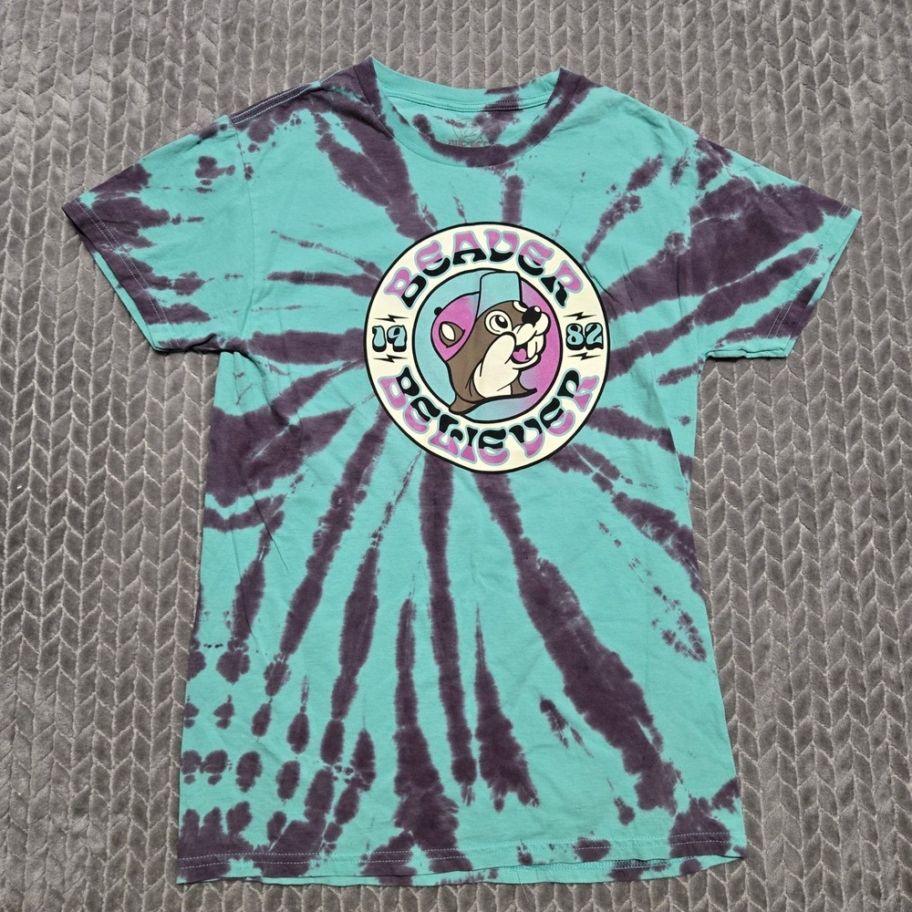 Buc-ee's‎ Beaver Believer Tie Dye Graphic T-Shirt Teal Purple Mens Small 1982